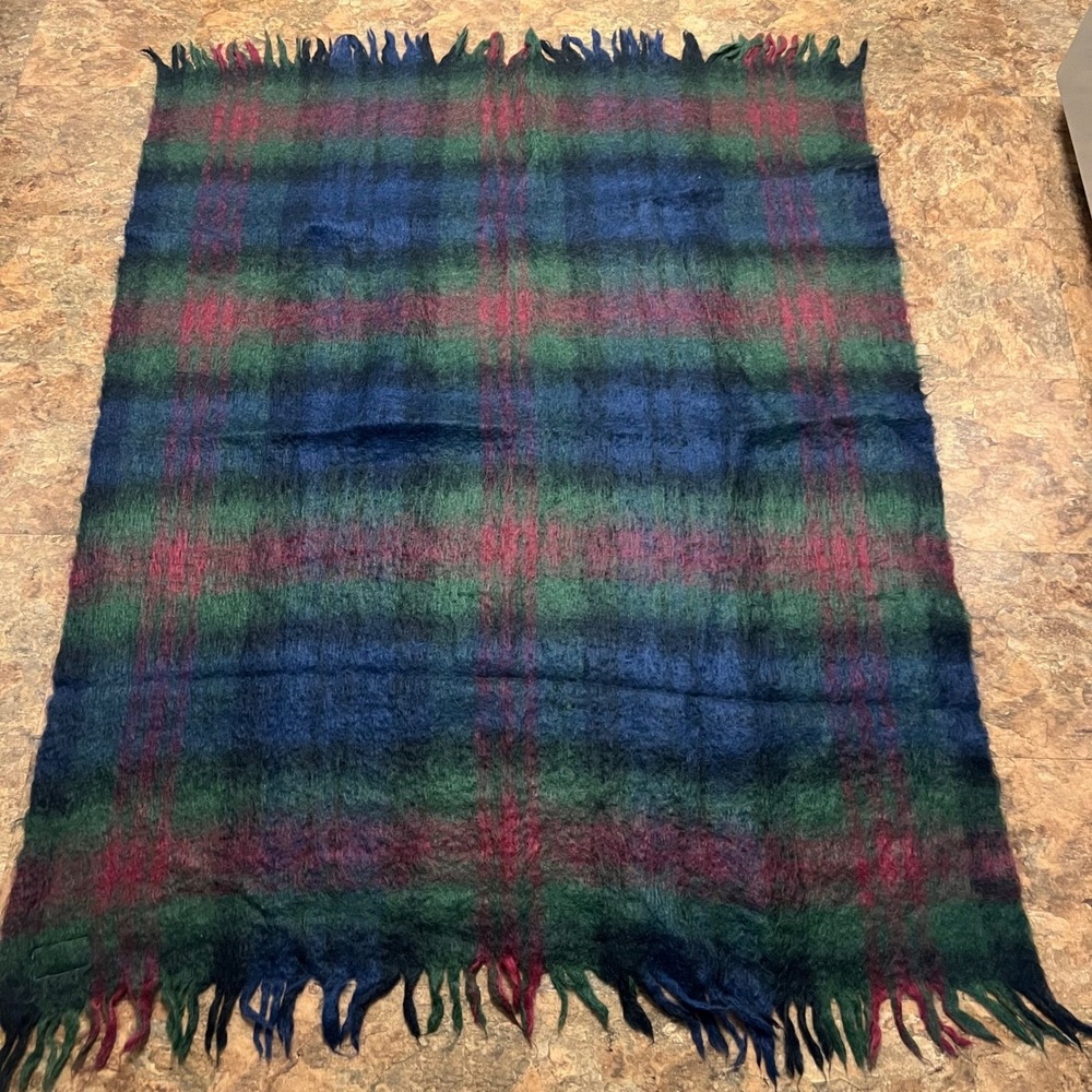 Vintage Ashley Baird Pure Mohair Plaid Throw Blanket Red Green Blue 56 x 72